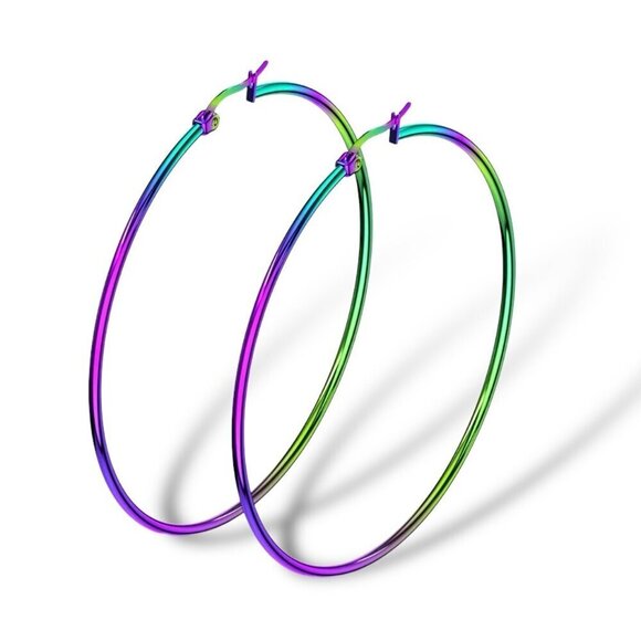 NWT Large Hoop Earrings Titanium Rainbow Steel Multicolor - Picture 8 of 11